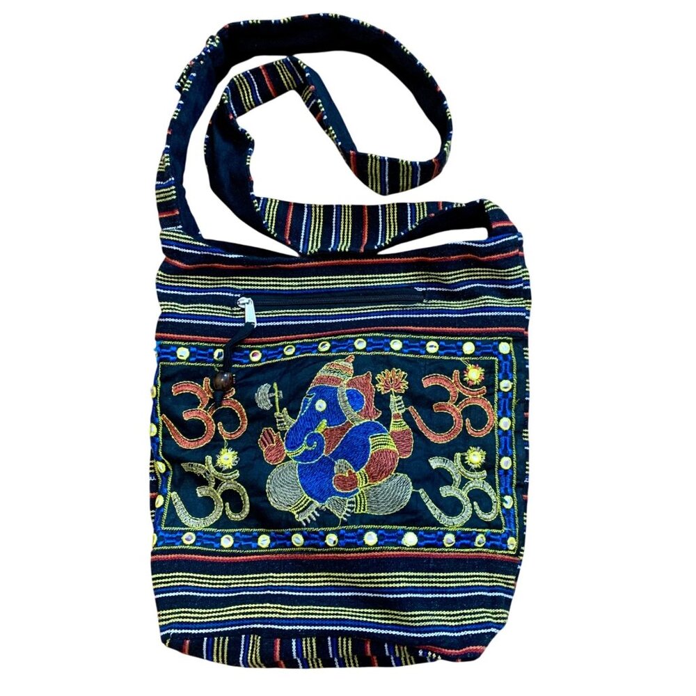 Tribe Azure Handcrafted Cotton Sling Bag With Ganesha Embroidery & Om Motif